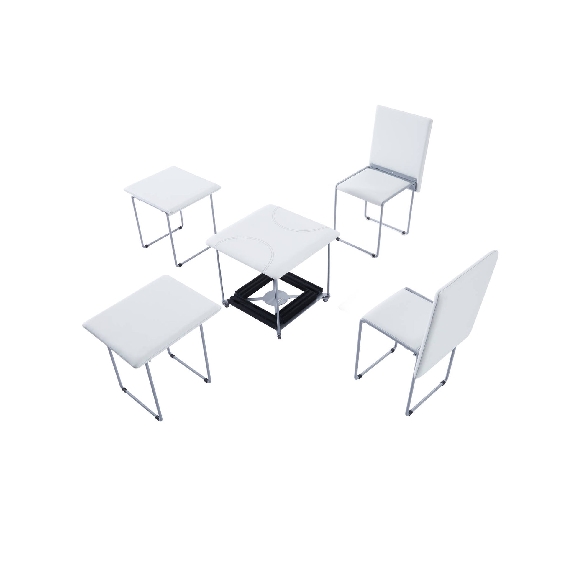 Fold Cube 4 chairs ottoman transforming seats in white with some open