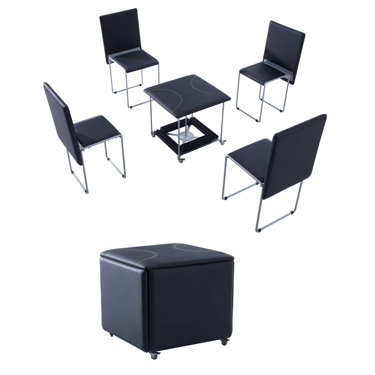 Fold Cube 4 chairs ottoman transforming seats in black opened unfolded | Black