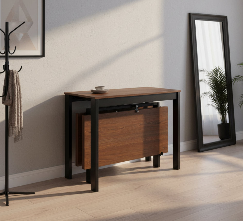 Compact black metal and walnut wood console extending dinner table with leaflet storage in the middle