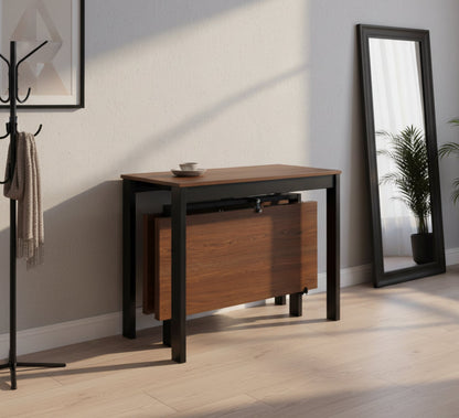 Compact black metal and walnut wood console extending dinner table with leaflet storage in the middle