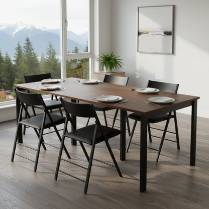 Extended table made of black metal and walnut wood in dinner table setting with nano chairs