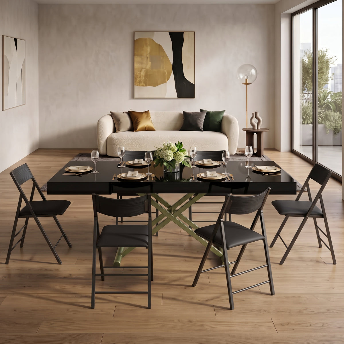 Glass box coffee to dinner table extended and set for dinner with chairs | Black Glass - Jade Gold