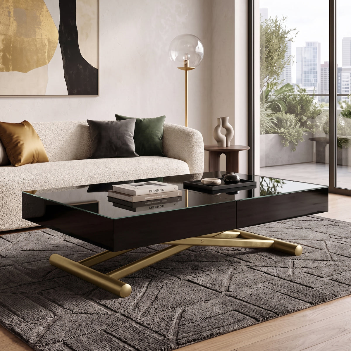 Low profile expandable and height adjust glass table from Expand Furniture | Black Glass - Jade Gold