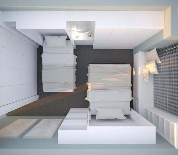 Compact hotel room with 2 fold out wall beds for space saving design