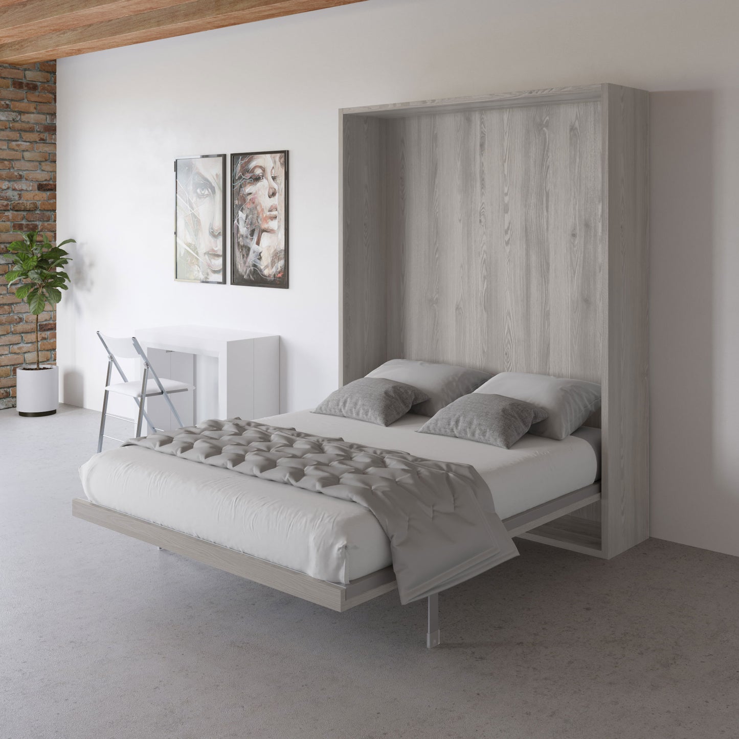 Hover-modern-wall-bed-opened-and-finished-in-Piscina-Grey-pine-wood