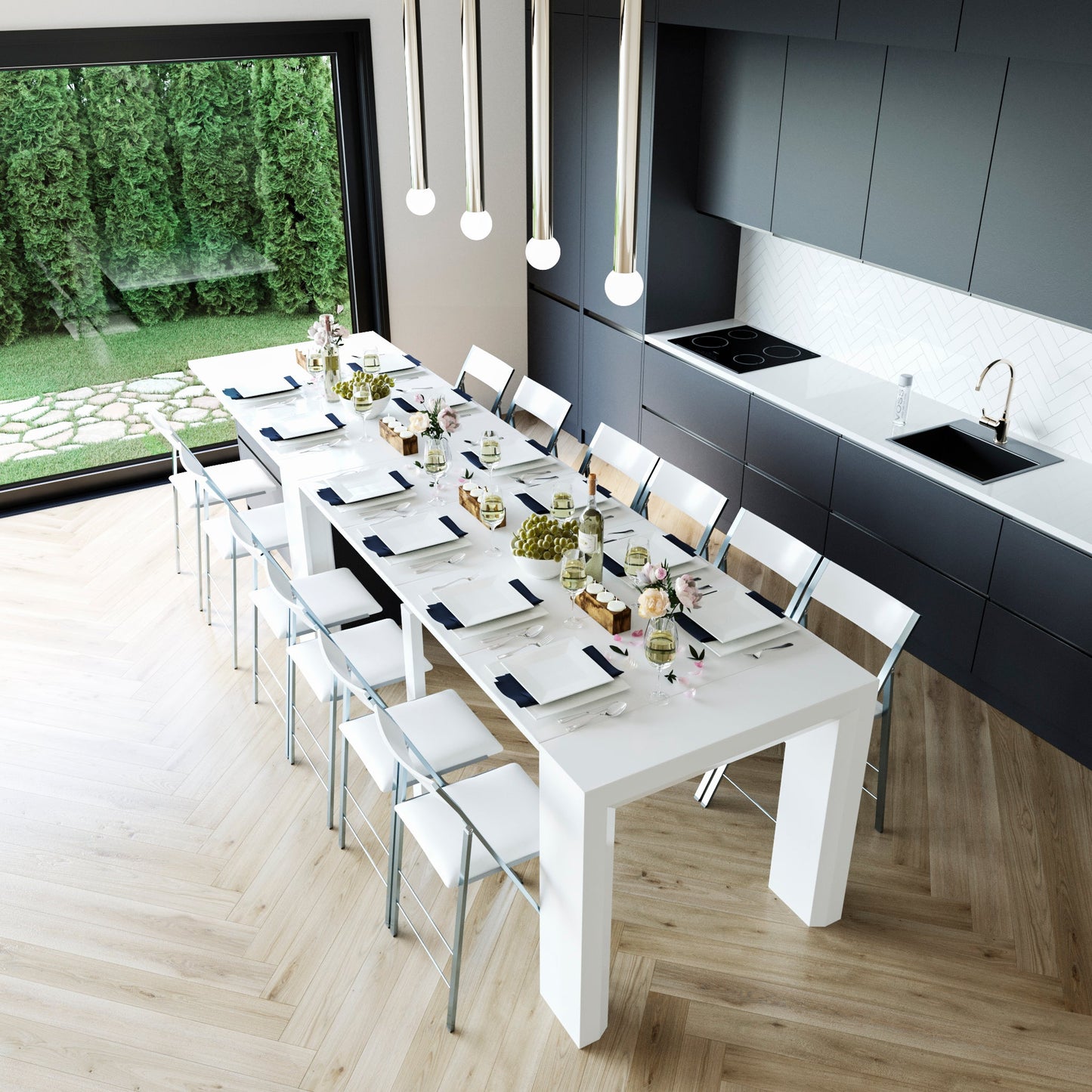 Junior Giant Counter sized console extends into large counter table attached to kitchen