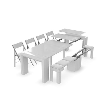 Junior Giant White gloss Console Extending Transforming Table with expanding bench and folding chairs