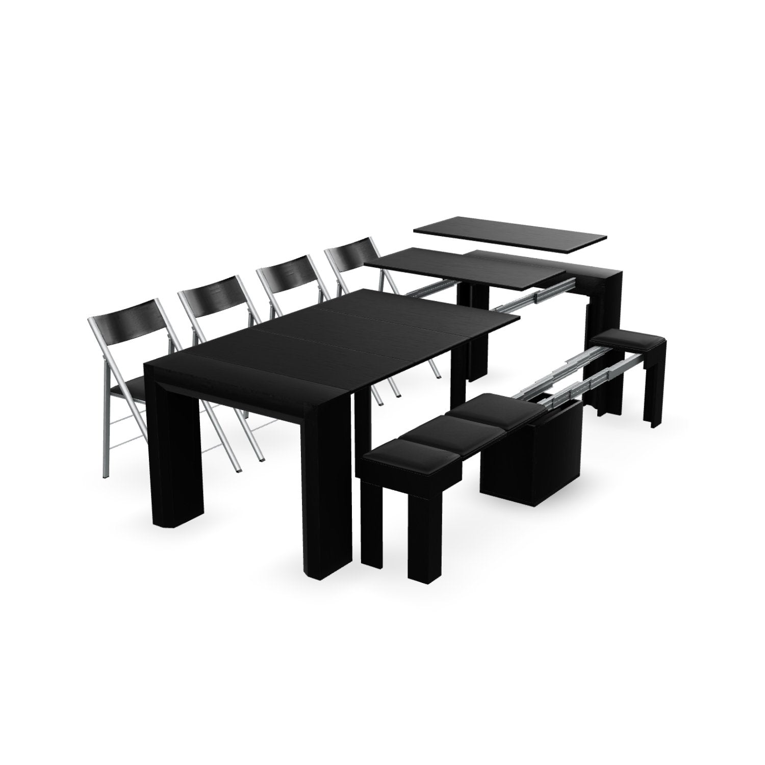 Junior Giant black wood transforming table with 4 nano folding chairs and 1 extending bench