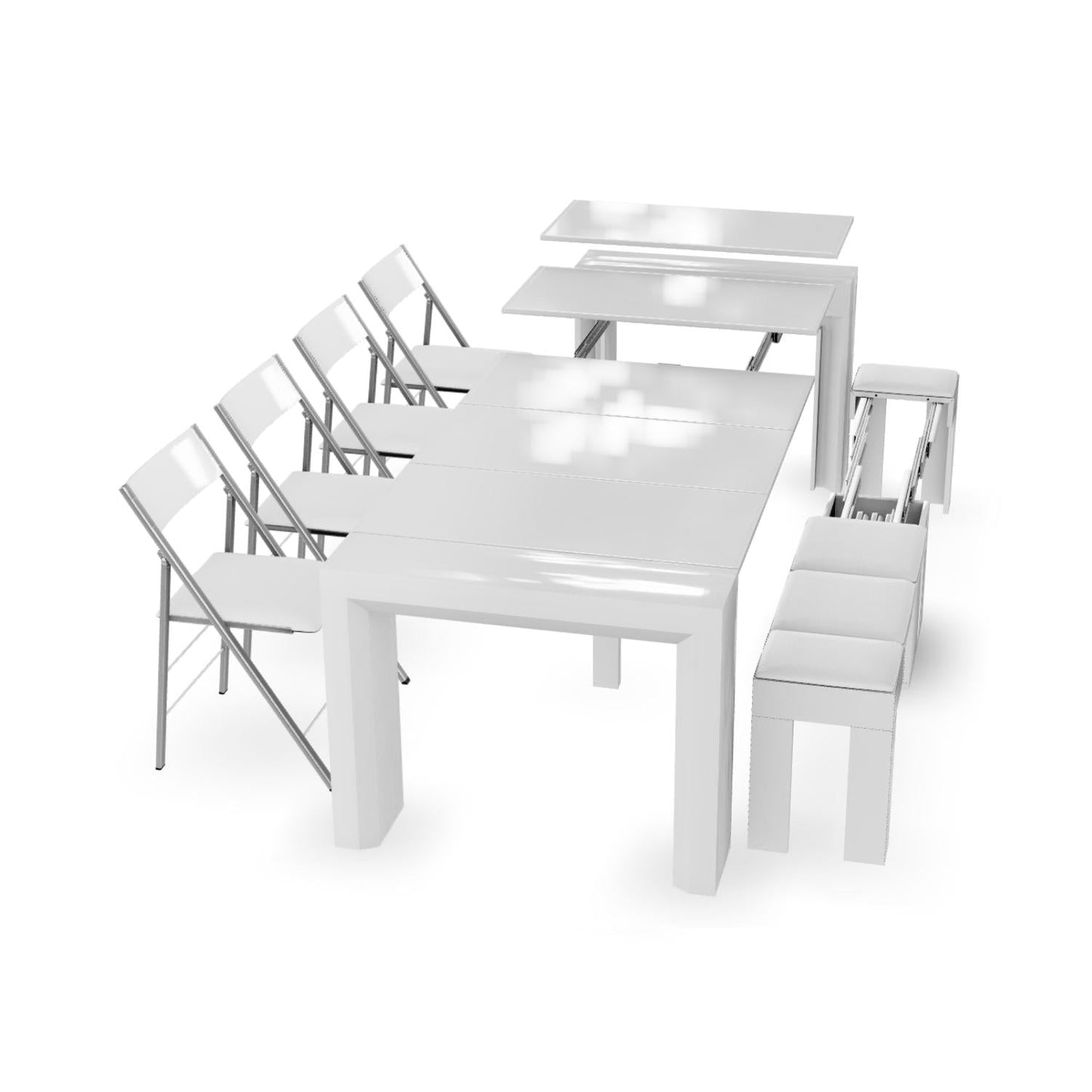 Junior Giant transforming table with 4 nano folding chairs and 1 extending bench in white