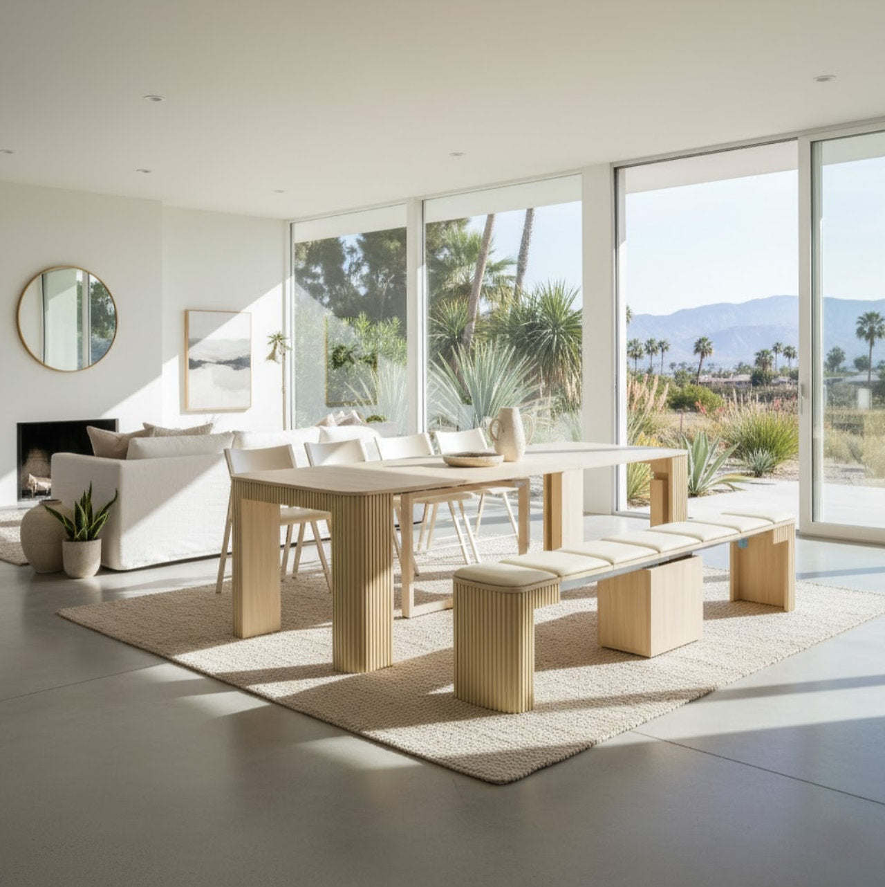 Junior Giant Curve Extending Dinner table with matching bench and chairs in a warm home