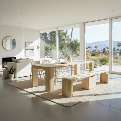 Junior Giant Curve Extending Dinner table with matching bench and chairs in a warm home