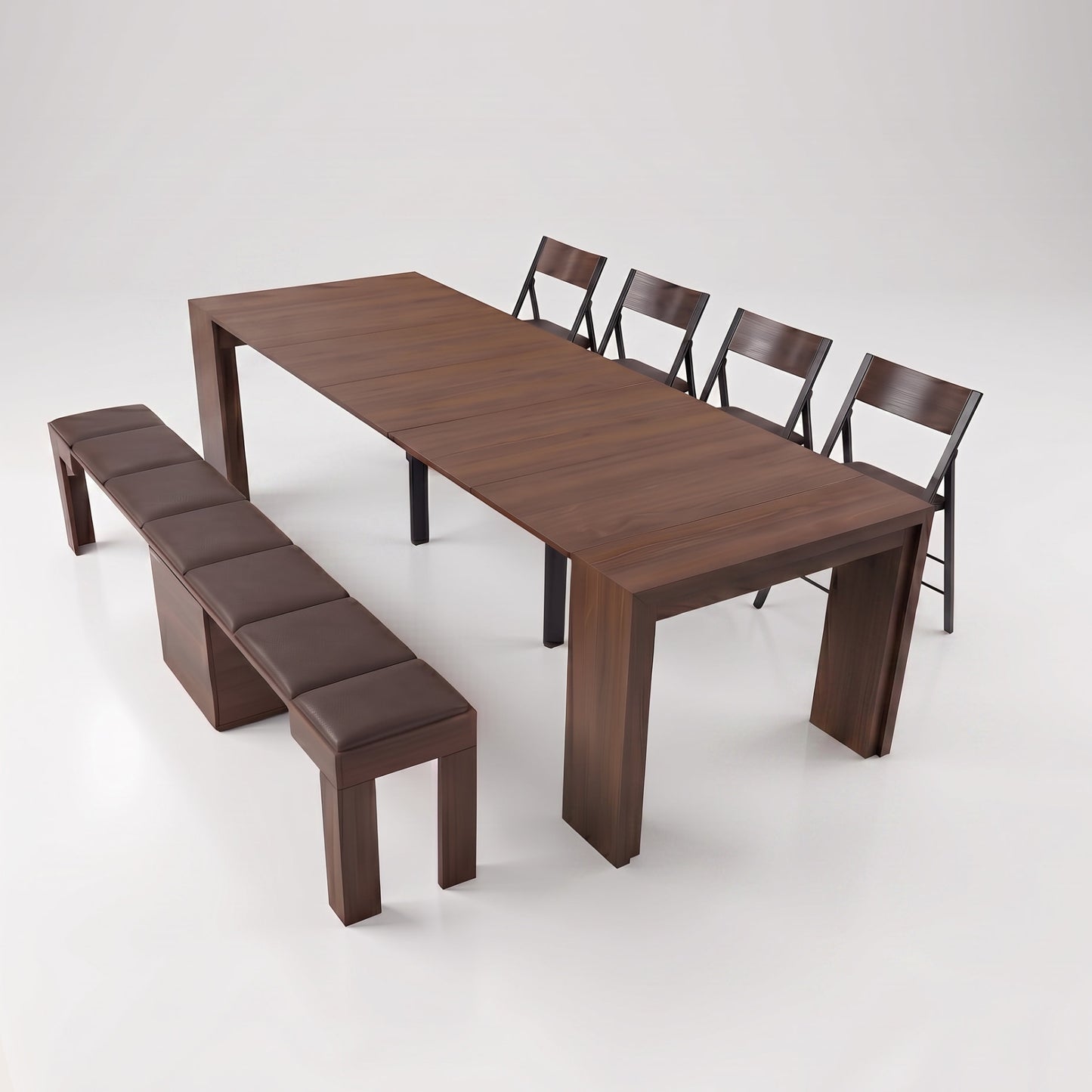 Junior Giant Walnut Table extended with Scatola Bench and 4 Nano chairs - Walnut Wood