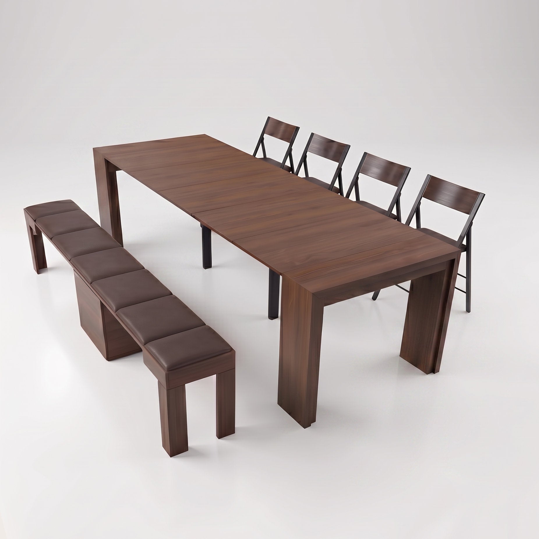 Junior Giant Walnut Table extended with Scatola Bench and 4 Nano chairs - Walnut Wood