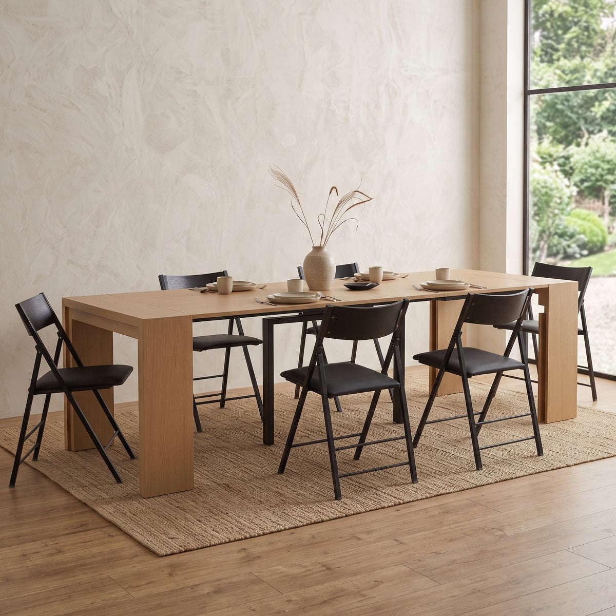 Junior giant table expanded in japandi style living room | Pecan