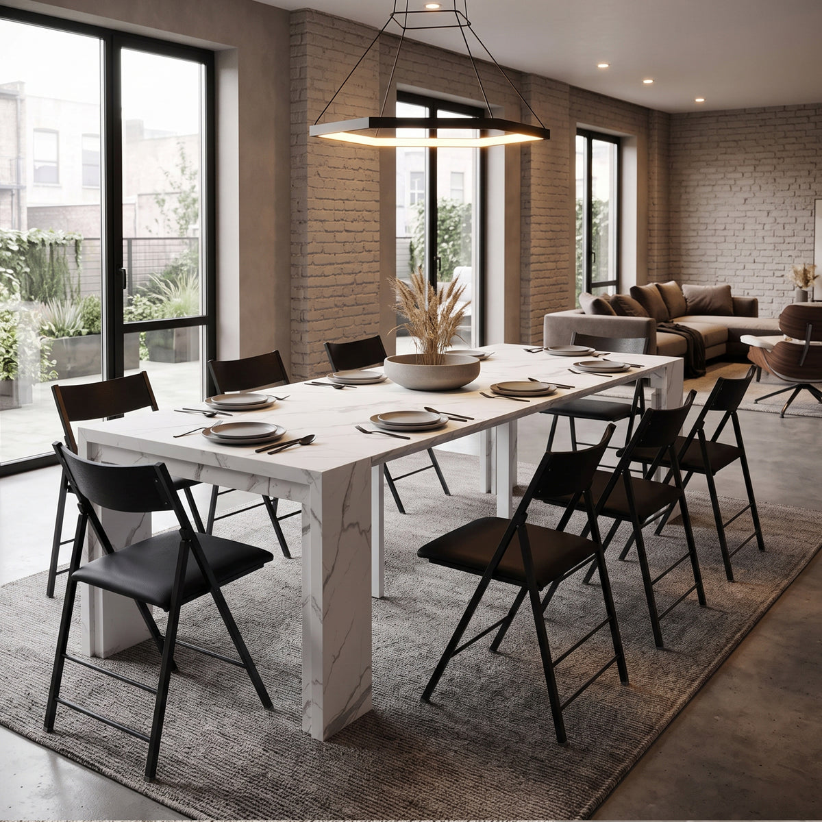 Junior giant table set extended for dinner with nano chairs | Marble texture