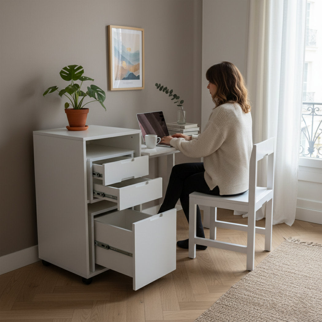 Award winning ludovico office with drop table, drawer and hidden chair in white