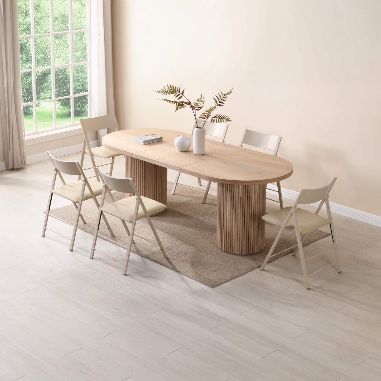 Luxe Pillar Oval Oak Extending table with fluted bases 2 extensions inserted