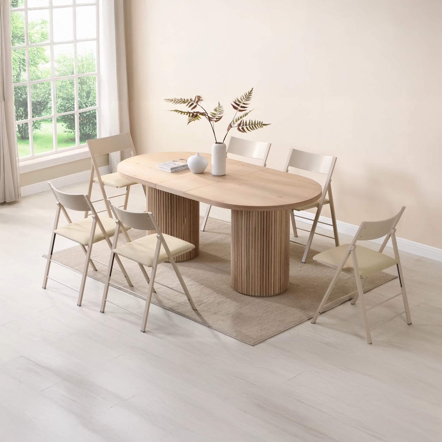 Luxe Pillar Oval Oak table with 1 extension panel inserted