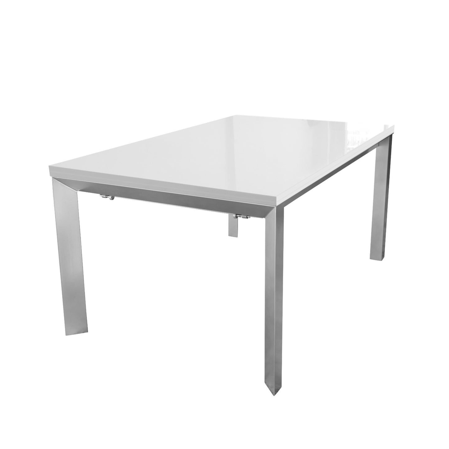 Mega-Abode-table-in-white-gloss-with-silver-legs-can-extend-to-be-a-very-lage-table