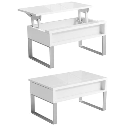 Mini Boost lift top storage table in glossy white with silver metal legs expanding