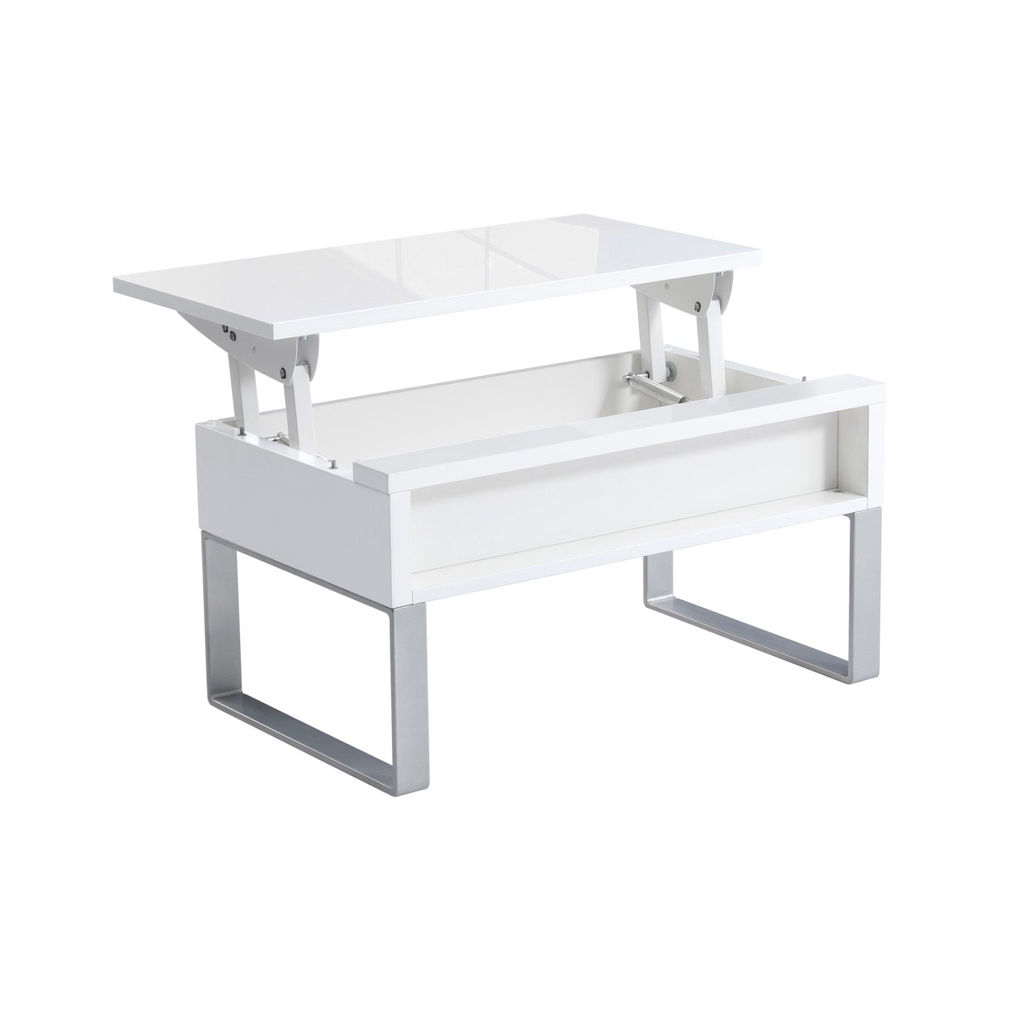 Mini Boost lift top storage table in glossy white with silver metal legs expanding