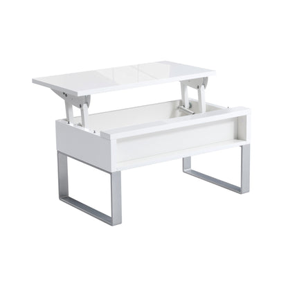 Mini Boost lift top storage table in glossy white with silver metal legs expanding