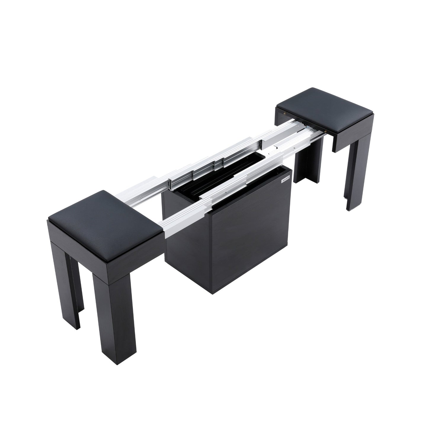 Mini Scatola expandable bench in black wood opening to show storage