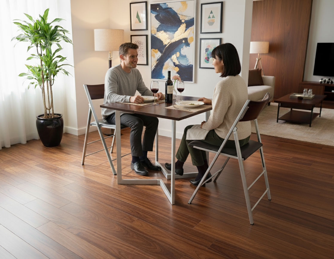 Flip Mini desk console table doubled in size in dinner mode - walnut with nano folding chairs pair
