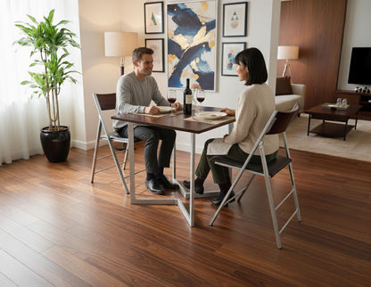 Flip Mini desk console table doubled in size in dinner mode - walnut with nano folding chairs pair