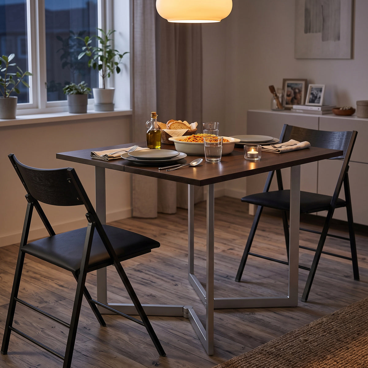 Flip table opened up with 2 chairs ready for dinner | Walnut