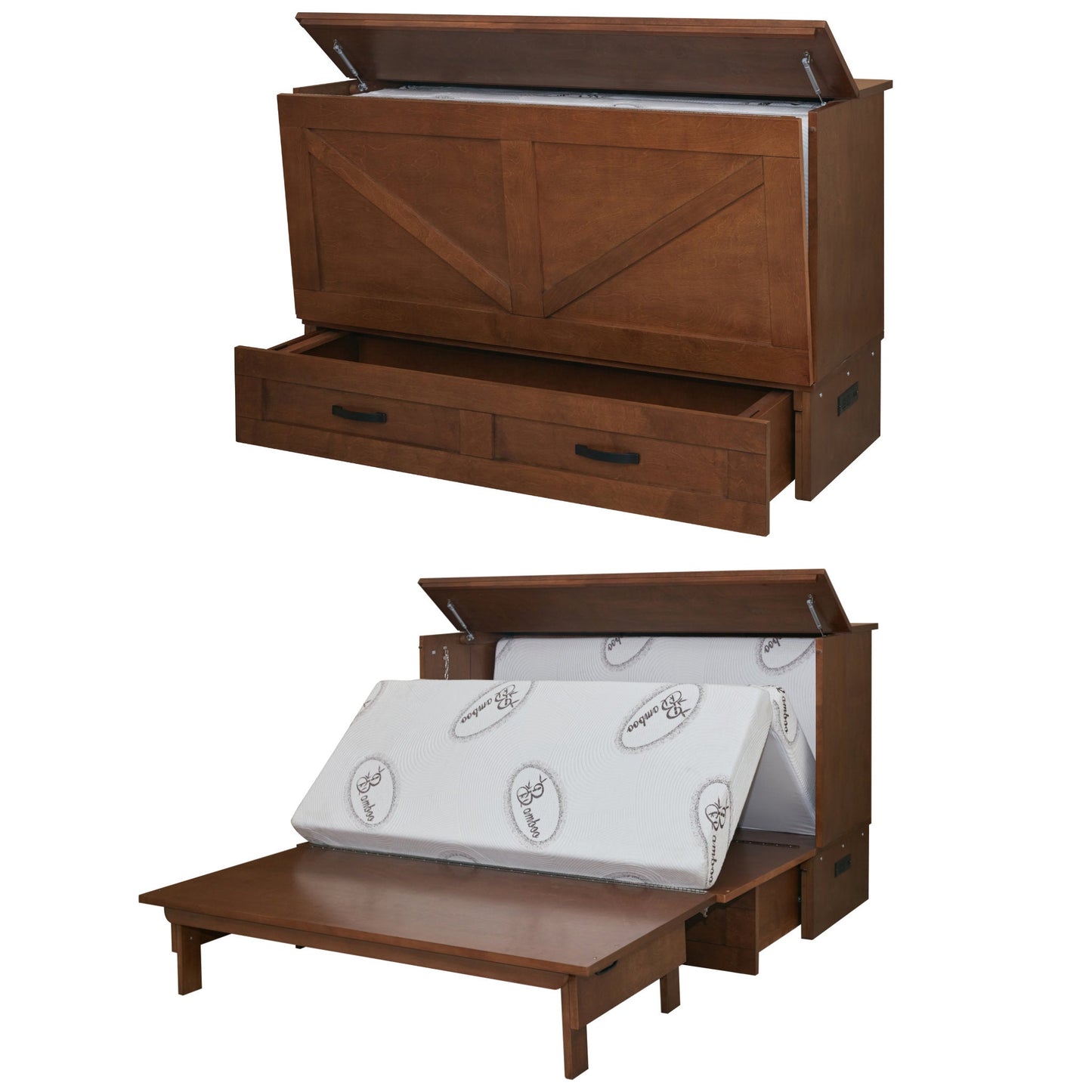 Murphy Cabinet Bed Chest in Barn Cojoba warm wood opening into queen bed