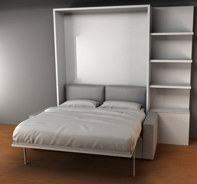 MurphySofa-Clean-wall-bed-open-with-60cm-side-shelving-in-gloss-white