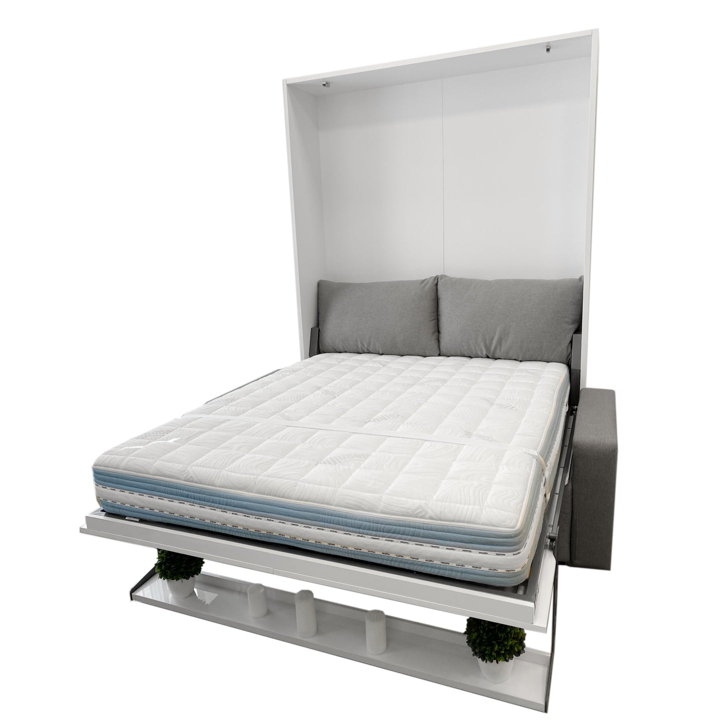 MurphySofa Float Clean grey sofa with white gloss wall bed and shelf on front open in bed form