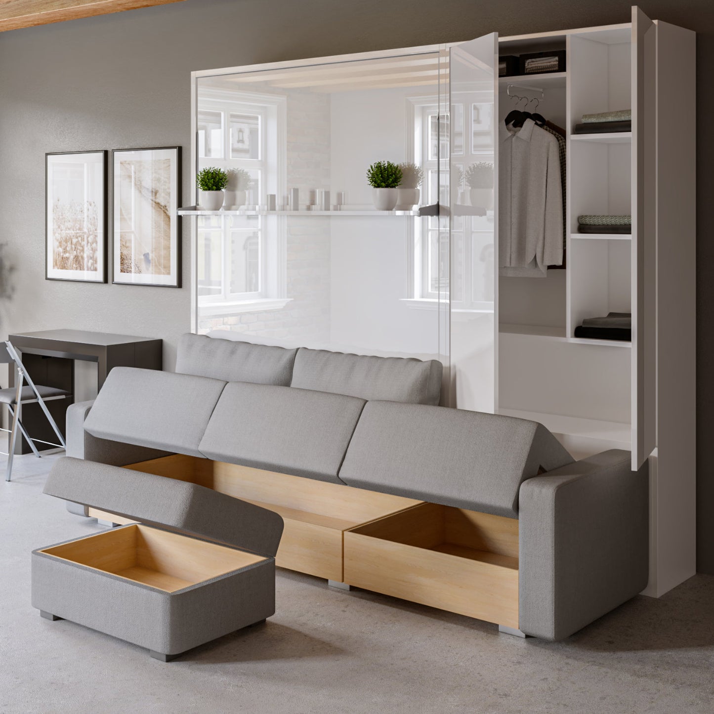 MurphySofa Float sectional wall bed with sofa and cupboard storage