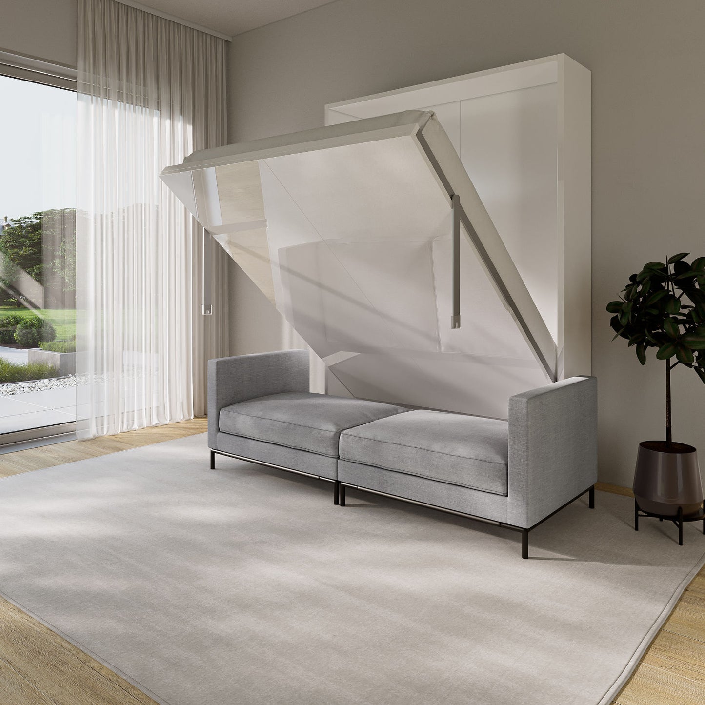 fa Migliore grey sofa with white gloss wall bed in modern room partially open