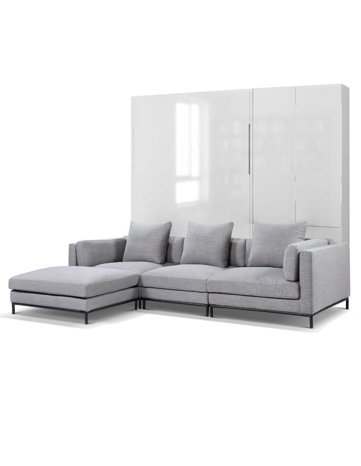 MurphySofa Migliore sectional grey fabric couch combined with murphy bed in glossy white