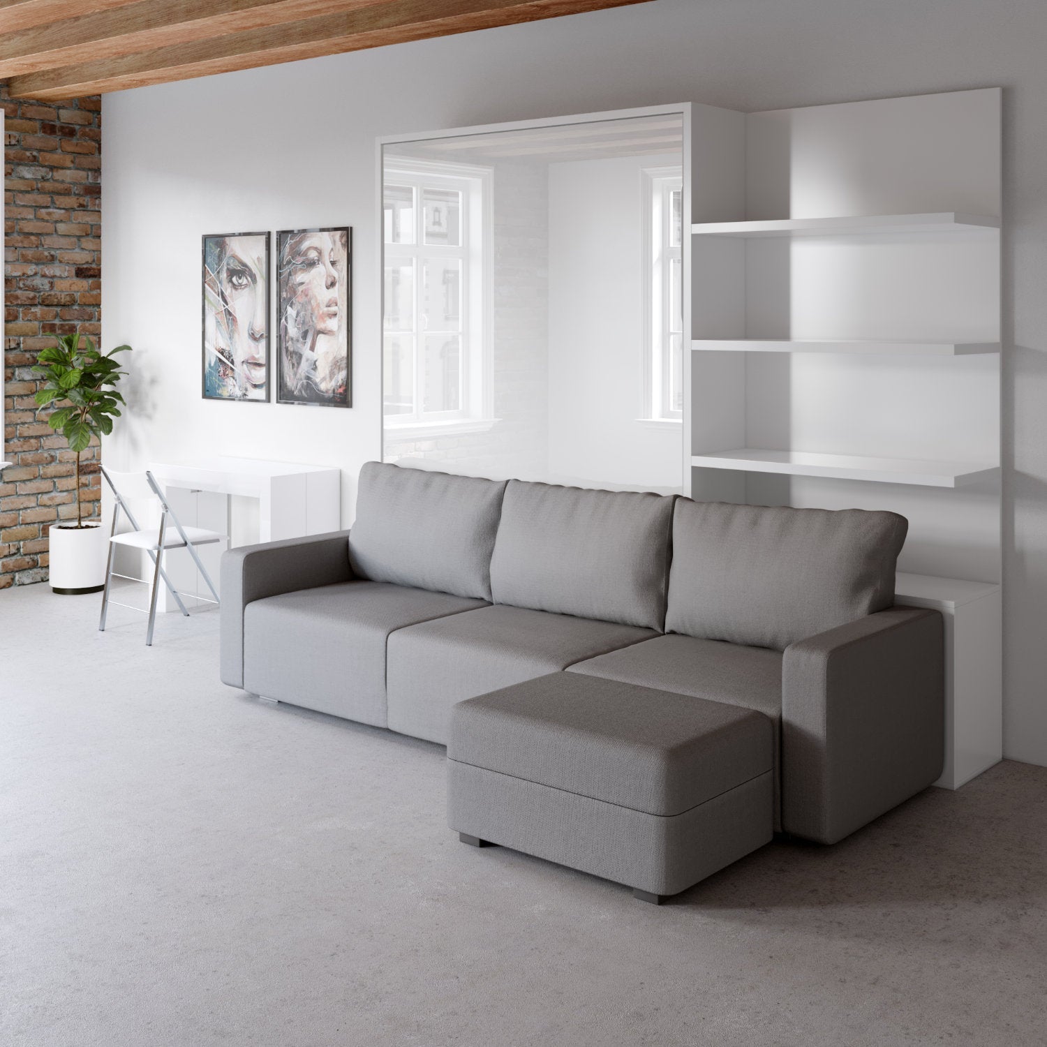 MurphySofa modular clean sectional sofa wall bed system in glossy white with bed closed