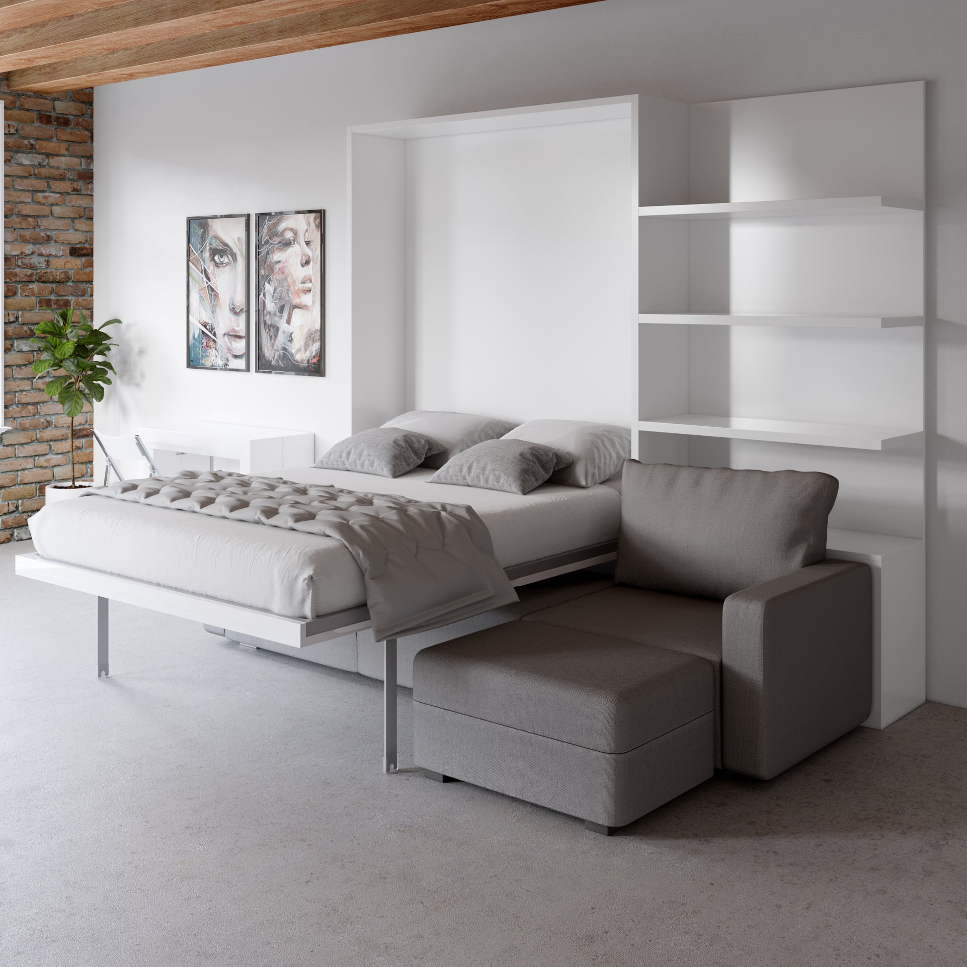 MurphySofa modular clean sectional sofa wall bed system in glossy white with bed open