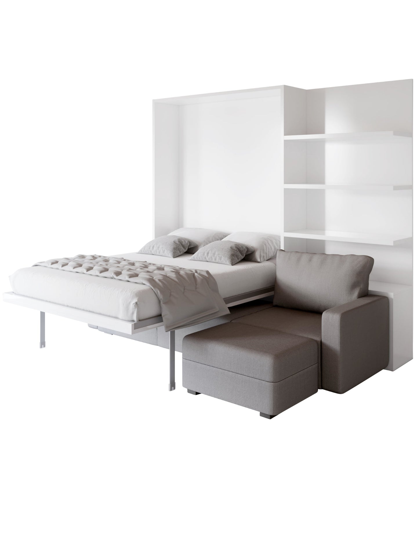 MurphySofa wall bed open showing bed over sectional grey sofa