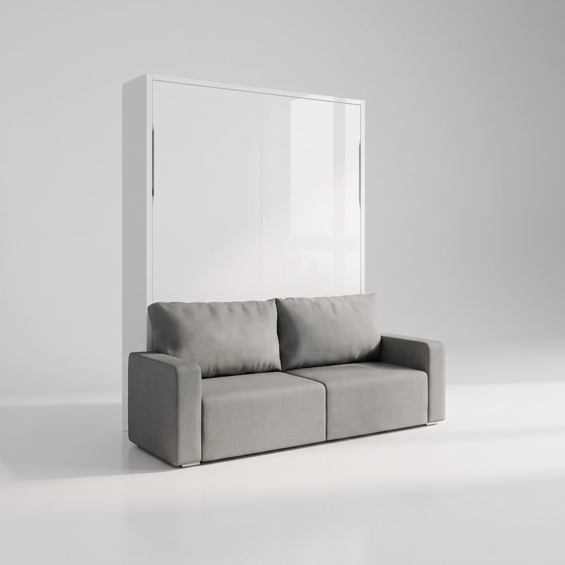 MuprhySofa Clean Wall Bed in glossy white with grey storage sofa - Expand Furniture