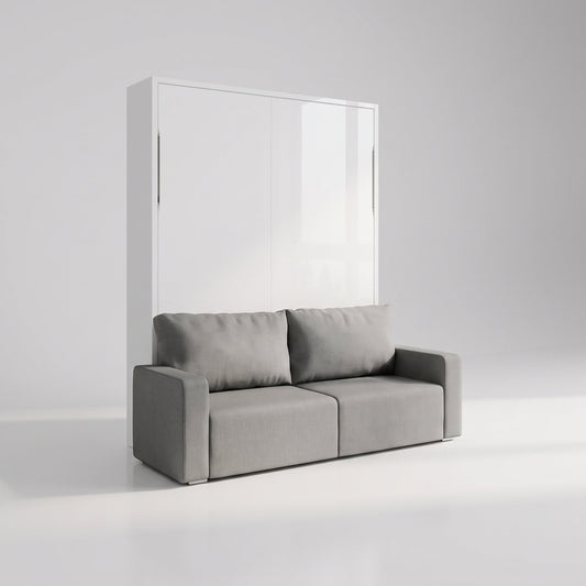 MuprhySofa Clean Wall Bed in glossy white with grey storage sofa - Expand Furniture