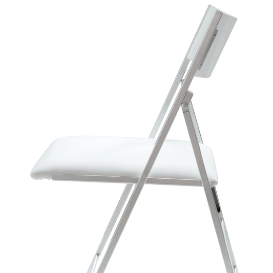 Nano Glossy white folding chair with curved back rest and padded seat with a view from the side | Glossy White