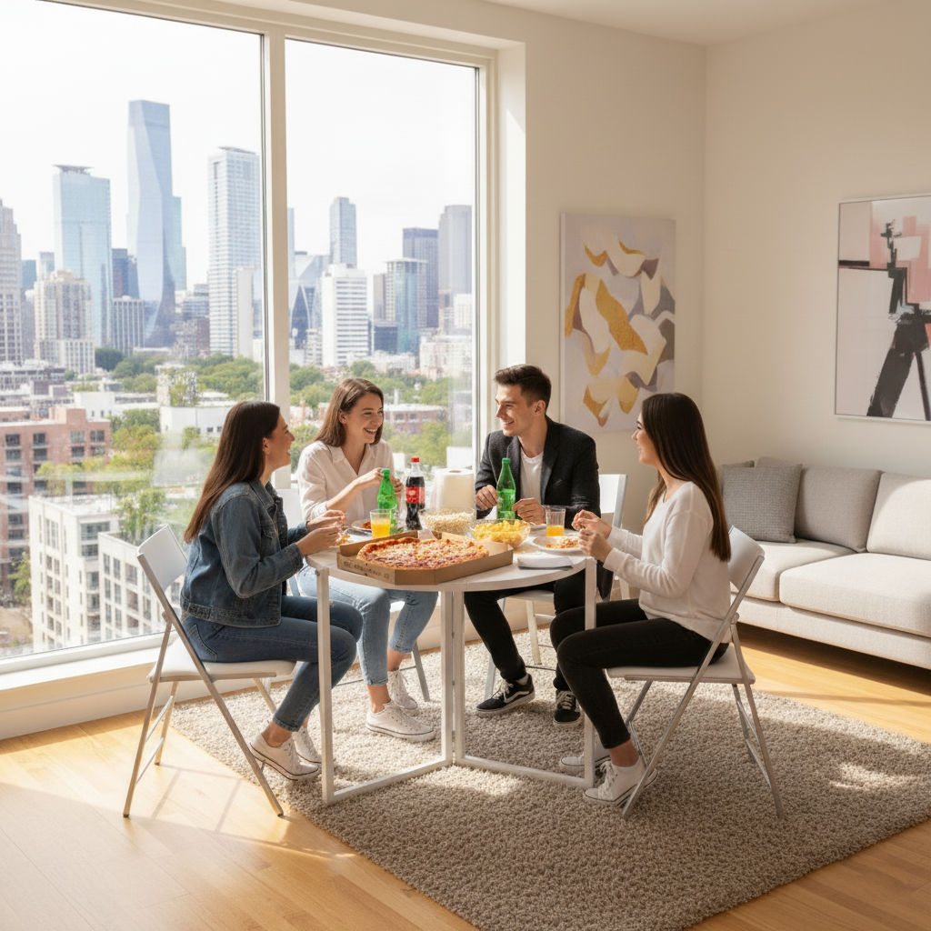 Origami folding round table opened into a dinner setting for friends