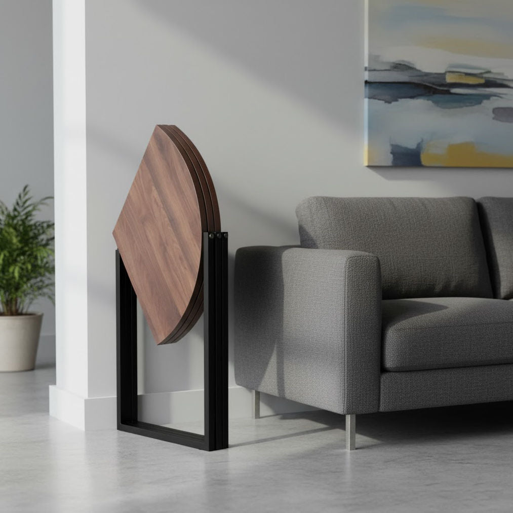 Origami round table in chocolate walnut folded away for storage