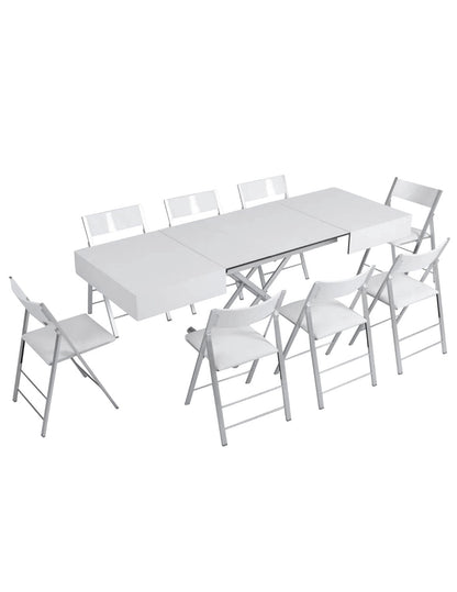 Outdoor box coffee table in flat white with silver legs - outdoor expanding dinner table set with chairs