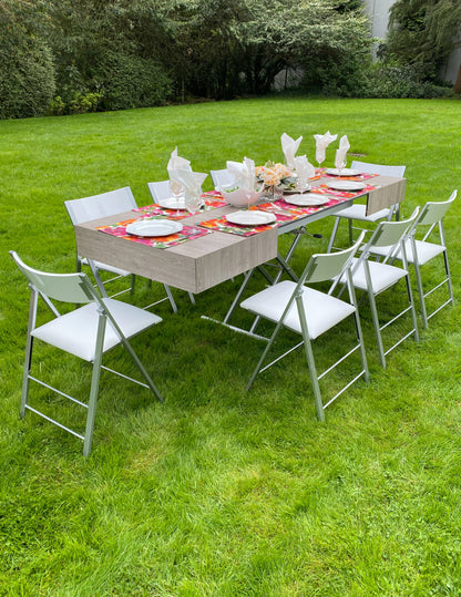 Outdoor box coffee table in grey wood panel with dinner setting for outdoor water proof summer furniture