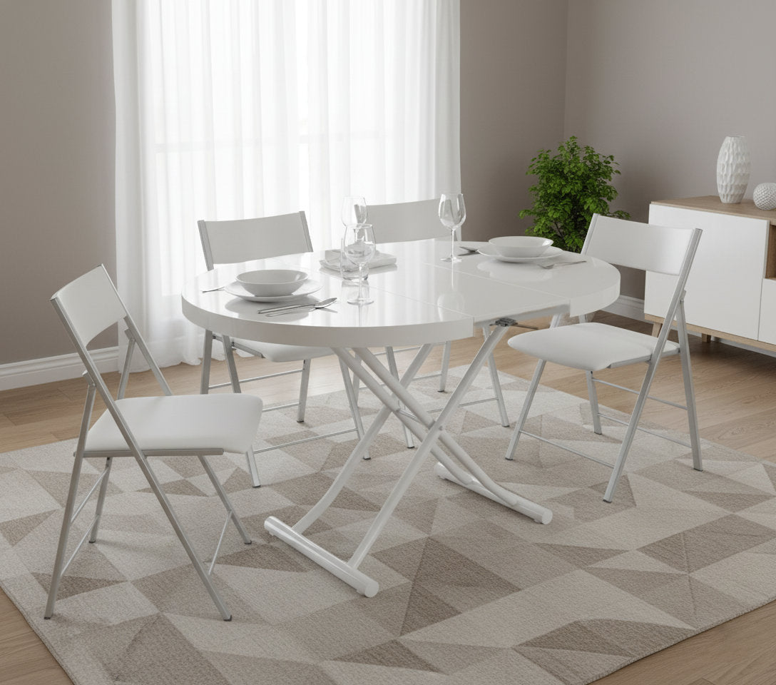 Round to Oval extending coffee to dinner table in white gloss