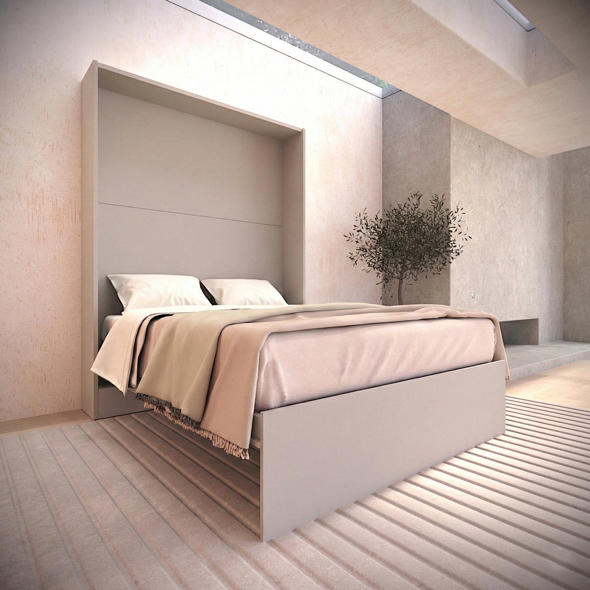 Panel King sized murphy Bed open to display large mattress and unique murphy bed design - Dune Taupe color