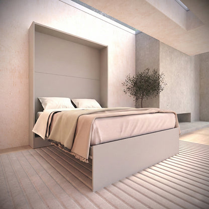 Panel King sized murphy Bed open to display large mattress and unique murphy bed design - Dune Taupe color