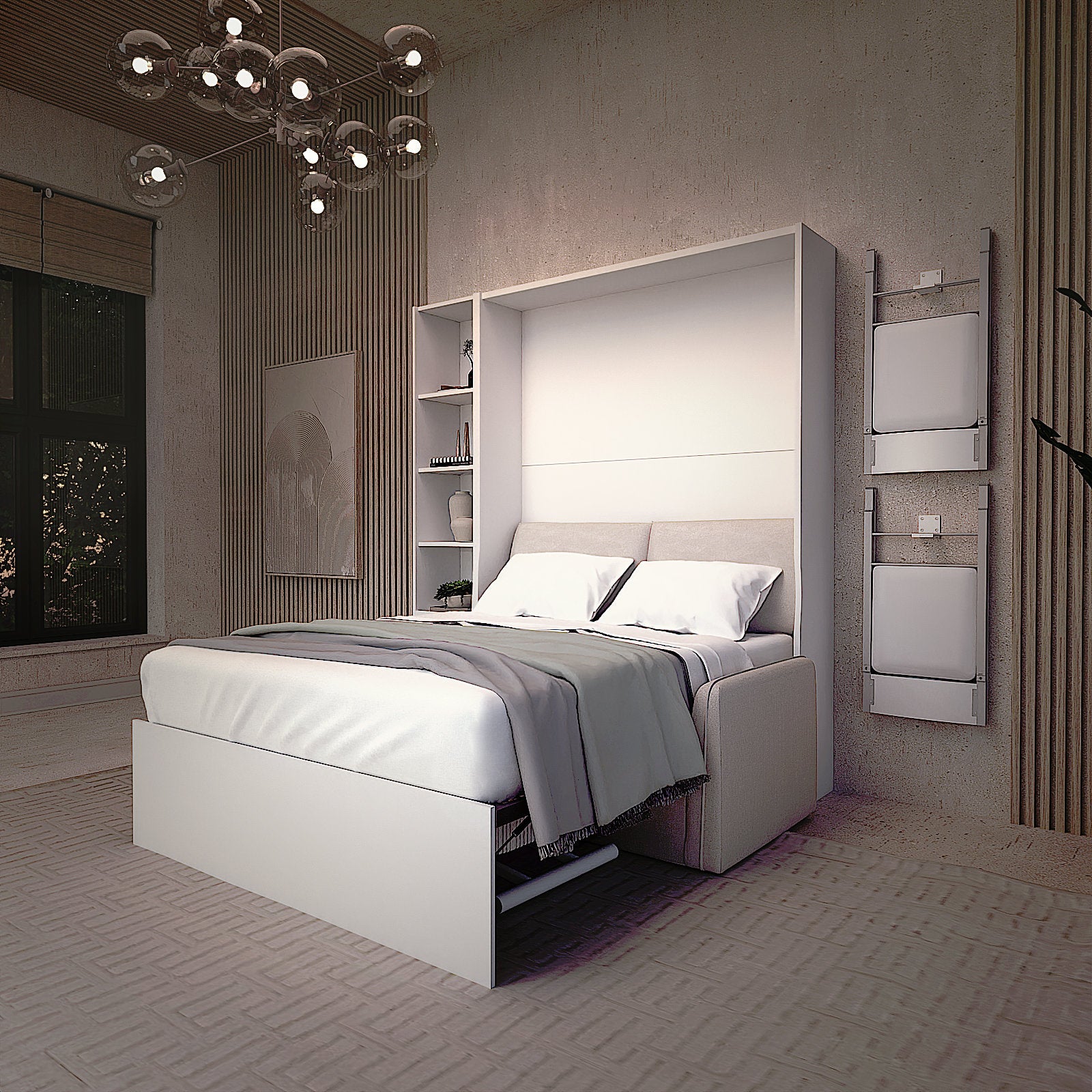 Panel Mosaic Murphy Bed Lowered over a couch and table in sleep setting